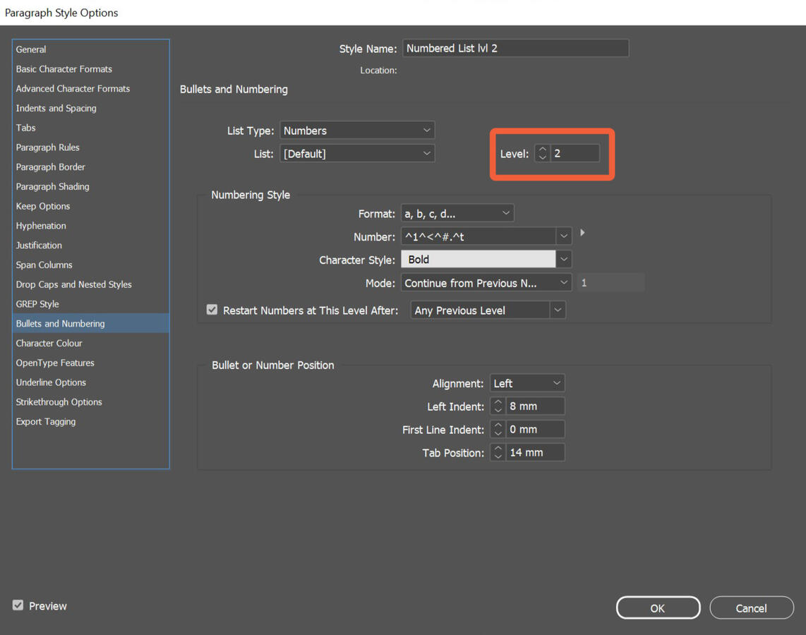 Screenshot of InDesign's Paragraph Style Options panel, open on the Bullets and Numbering tab. The Field "Level" is highlighted.