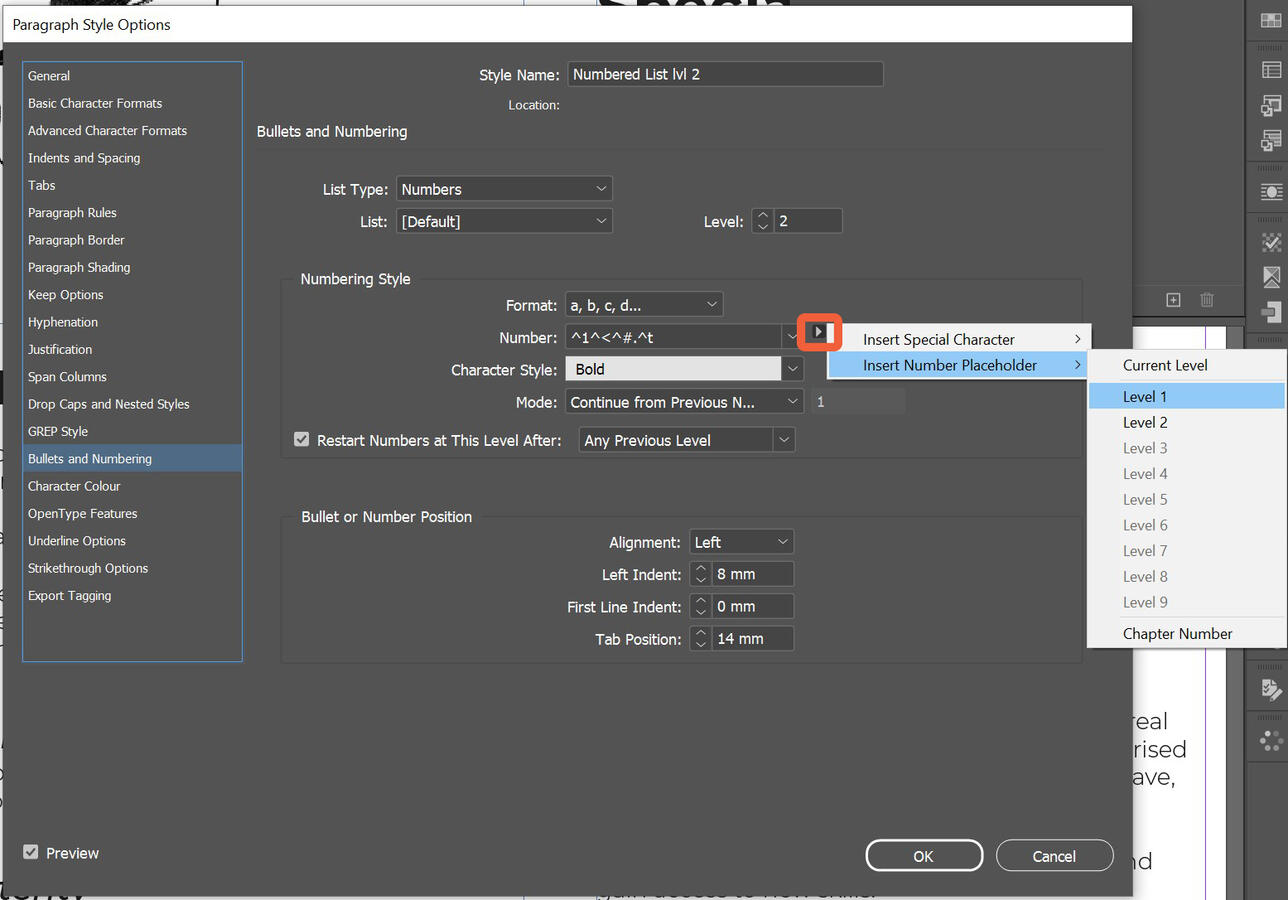 Screenshot of InDesign's Paragraph Style Options panel, open on the Bullets and Numbering tab. The Insert options menu for the "Number" field is highlighted.