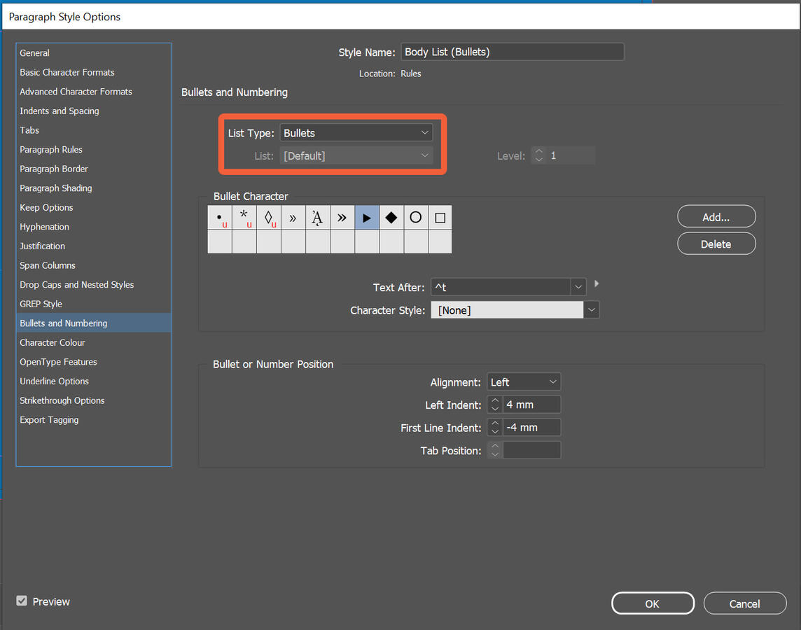 Screenshot of InDesign's Paragraph Style Options panel, open on the Bullets and Numbering tab. The Field "List Type" is highlighted.