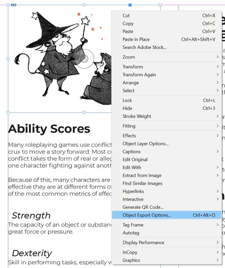 Screenshot of an Object's right click menu in InDesign, with Object Export Options highlighted.