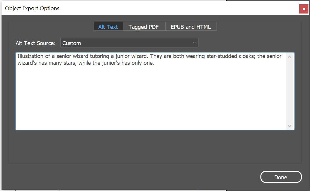 Screenshot of the Object Export Options panel, on the Alt Text tab. The text source is set to custom, and filled with description of the object from the previous example.