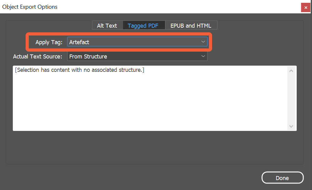 Screenshot of the Object Export Options panel, on the Tagged PDF tab. The Apply Tag field is set to Artefact.