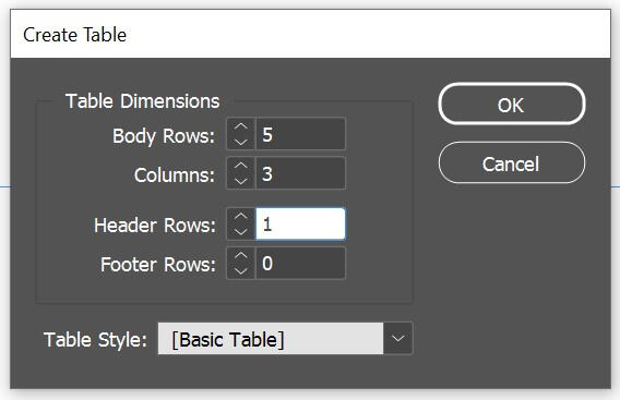 Screenshot of the Create Table panel in InDesign.