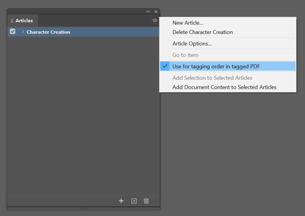 Screenshot of the Articles panel in InDesign, with the options menu open and "Use for tagging order in tagged PDF" highlighted.