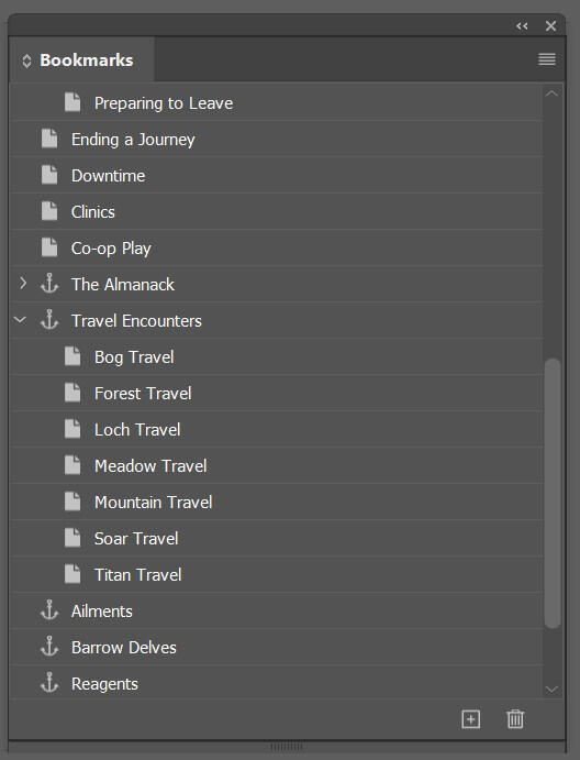 Screenshot of the Bookmarks Panel from InDesign. It is filled with bookmarks, some nested inside of each other like folders.