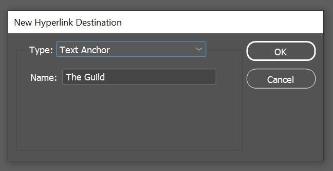 Screenshot of the New Hyperlink Destination panel. The Type field is set to Text Anchor.