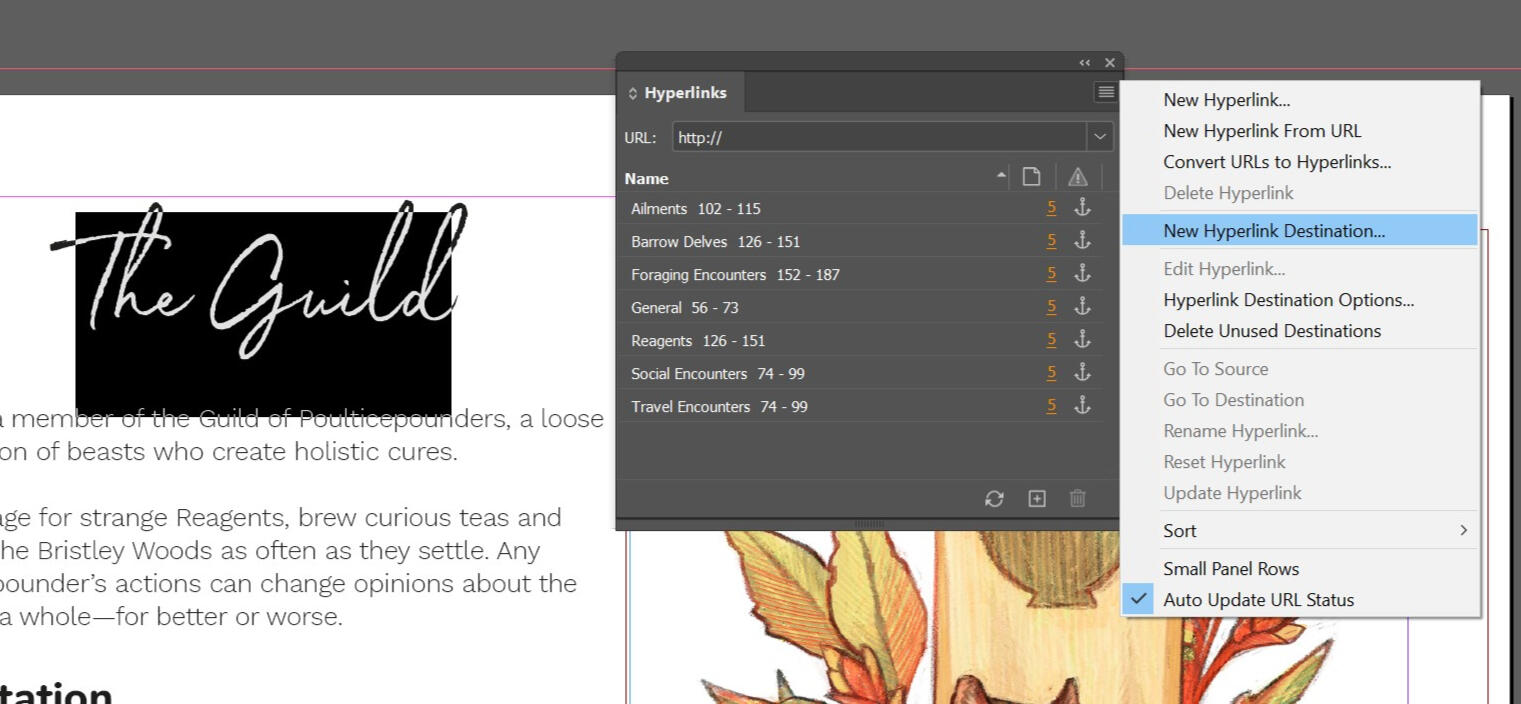 Screenshot of a layout in InDesign. A title is selected, and the Hyperlinks panel is open next to it. Its context menu is open, and New Hyperlink Destination is highlighted.