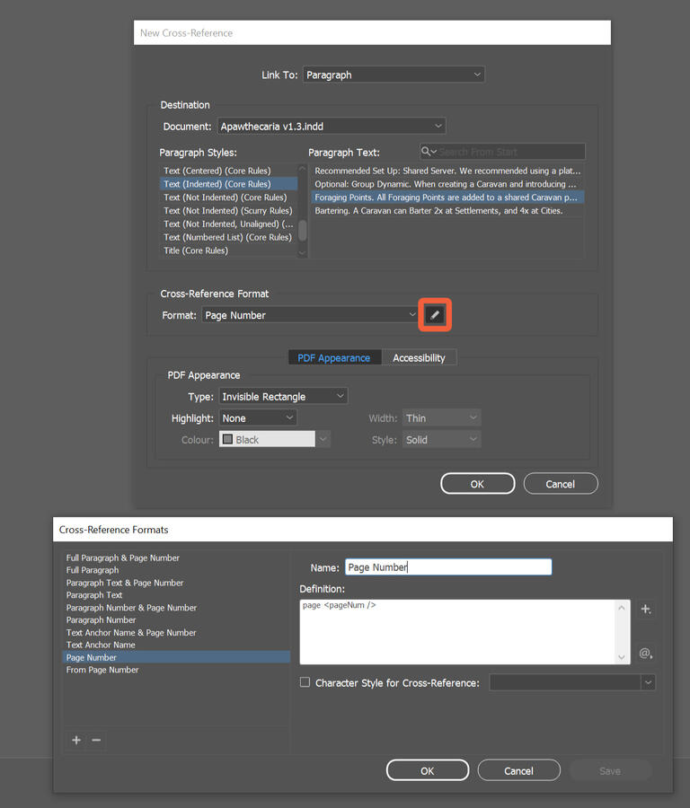 Screenshot of two panels; the New Cross Reference panel with the pencil icon highlighted; and the Cross Reference Formats panel open.