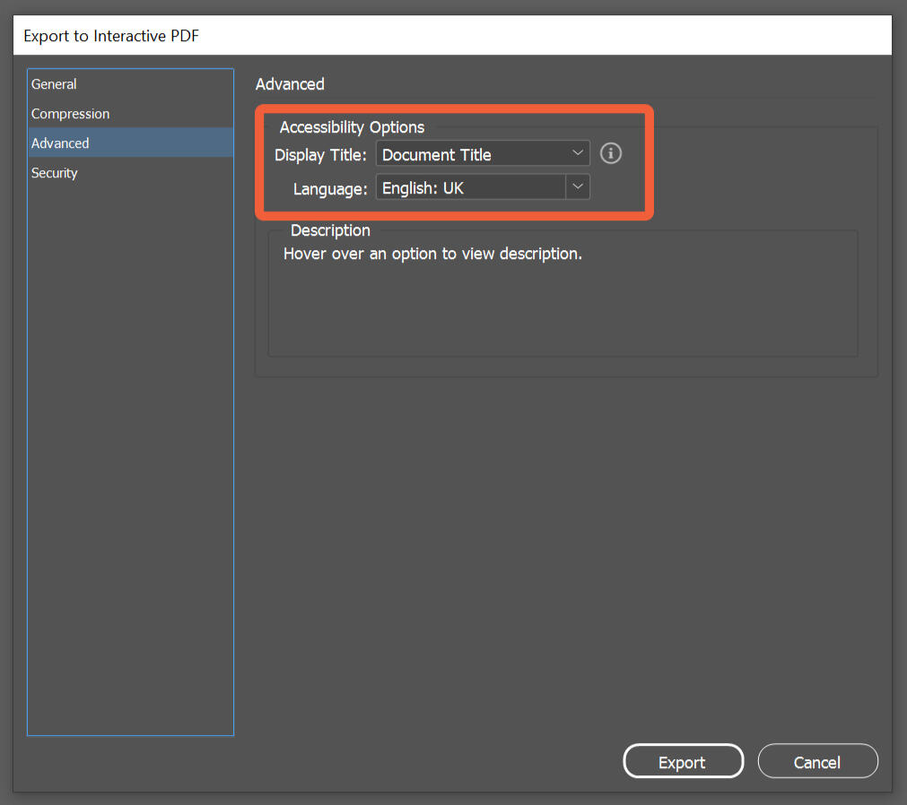 Export to Interactive PDF panel, on the Advanced tab. The Accessibility options, Display Title and Language fields are highlighted.