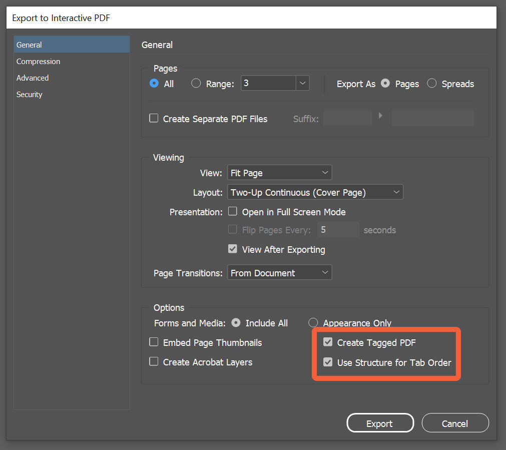 Export to Interactive PDF panel. The Create Tagged PDF and Use Structure for Tab Order check boxes are ticked.