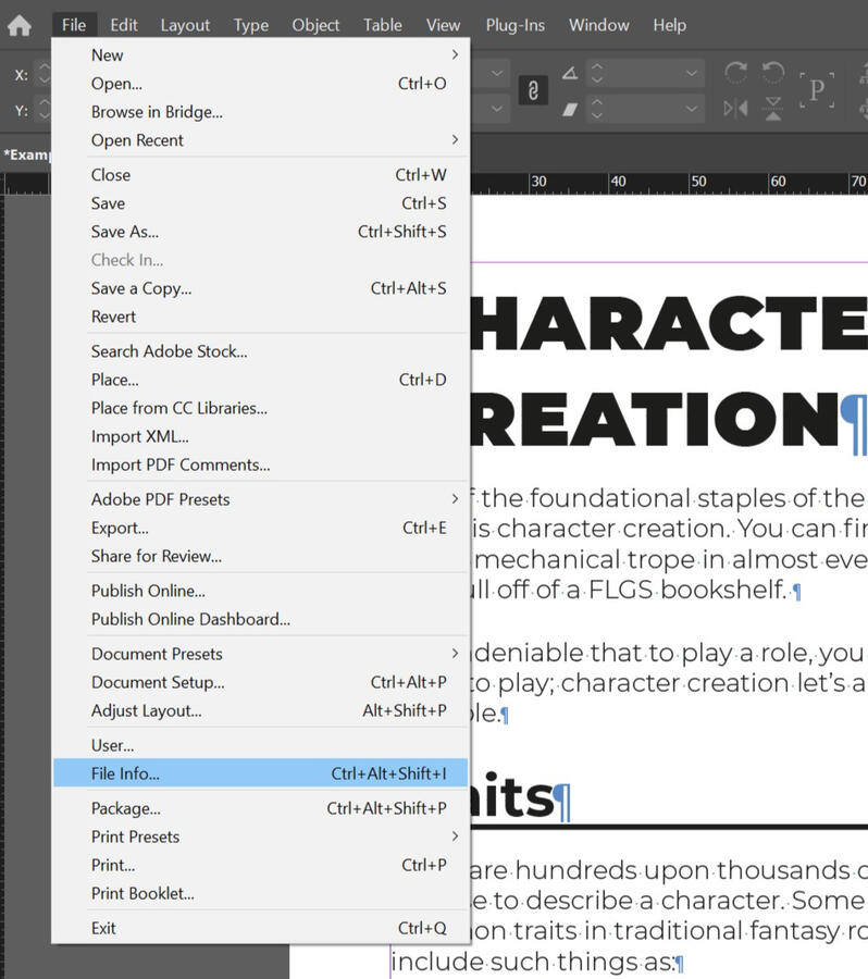 Screenshot of the Edit context menu open in InDesign, with the File Info option highlighted.