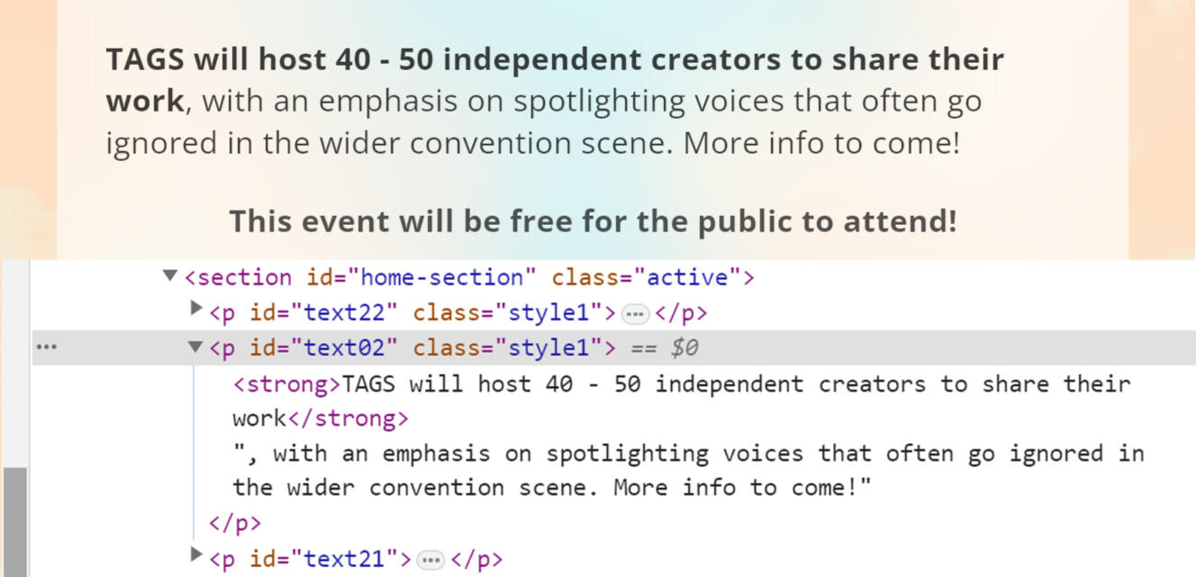 A side by side close up of a paragraph of text from the previous example, displaying both its website version and its code.