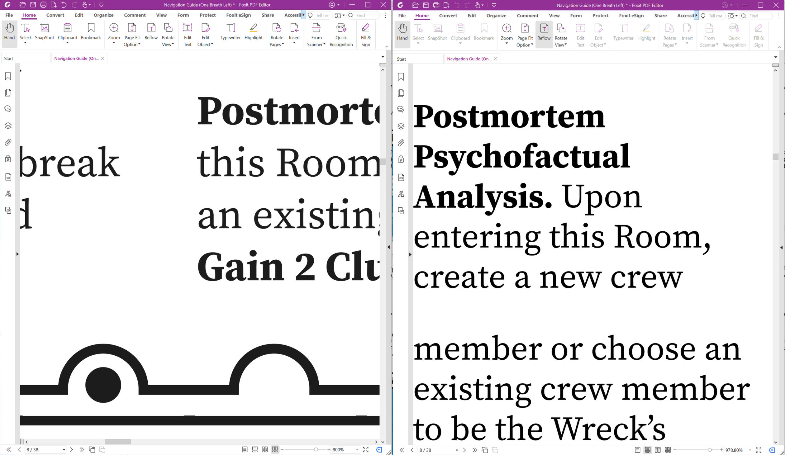 A side by side comparison of the same PDF from the previous example. On the left it is zoomed in, and words are clipped off and out of context. On the right it is reflowed, and the same text is large, legible, and in a sensible reading order.