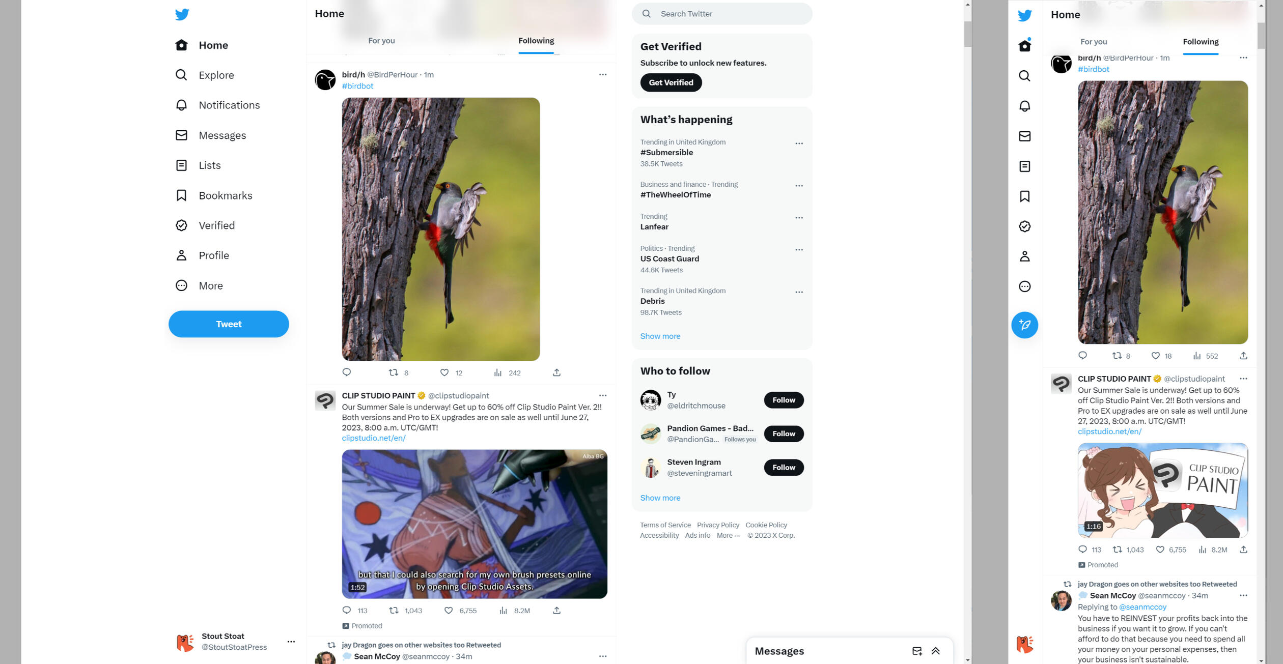 A side by side comparison of Twitter open in two browsers. The first is very wide, using a desktop layout; it has a sidebar with labelled icons, such as home, explore and notifications. The second is very thin, using the mobile layout; the text labels are