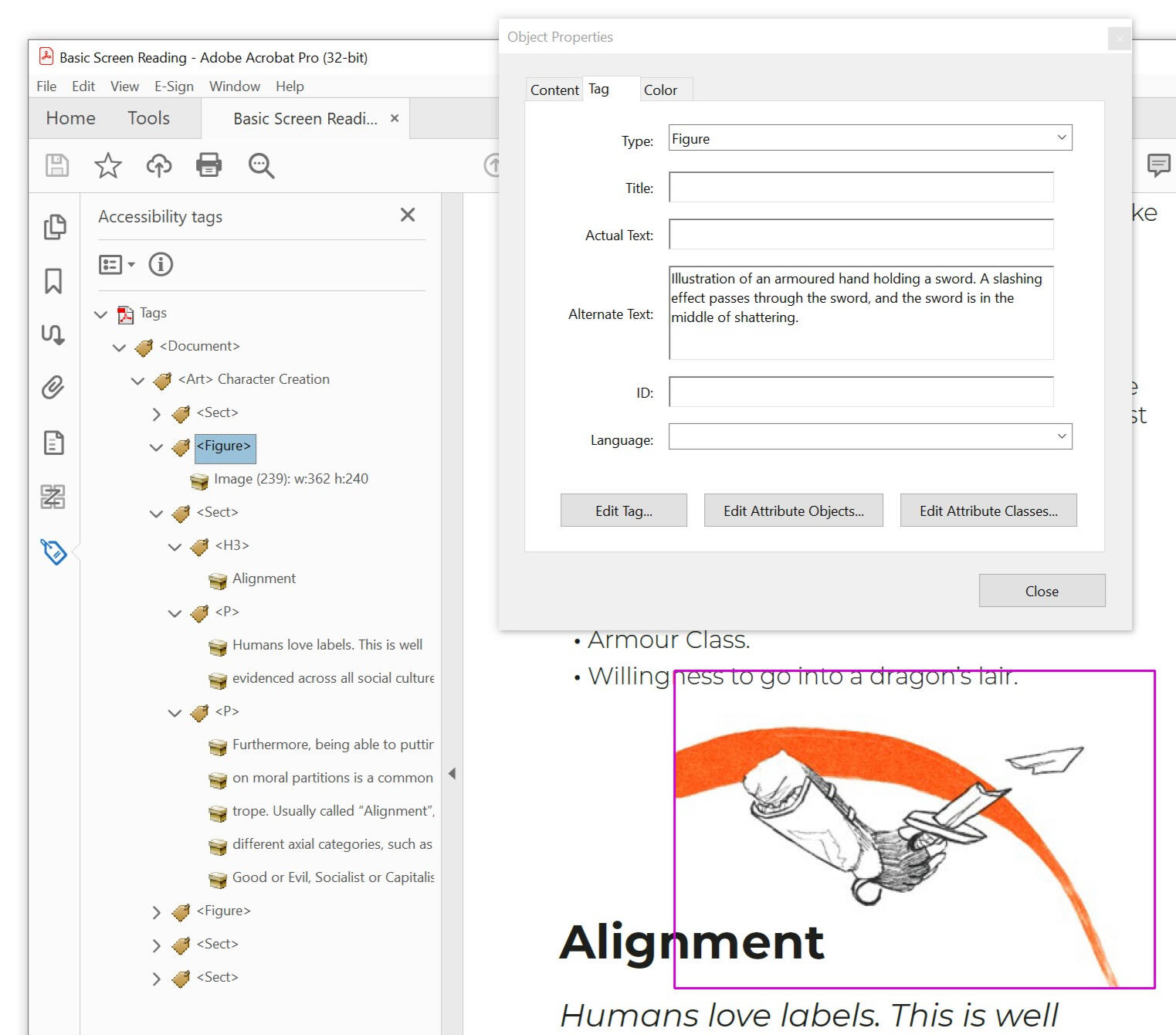 Screenshot of a PDF being viewed in Adobe Acrobat Pro. Its tags are open, a Figure is highlighted, and its alt text is on display in the Object Properties panel.