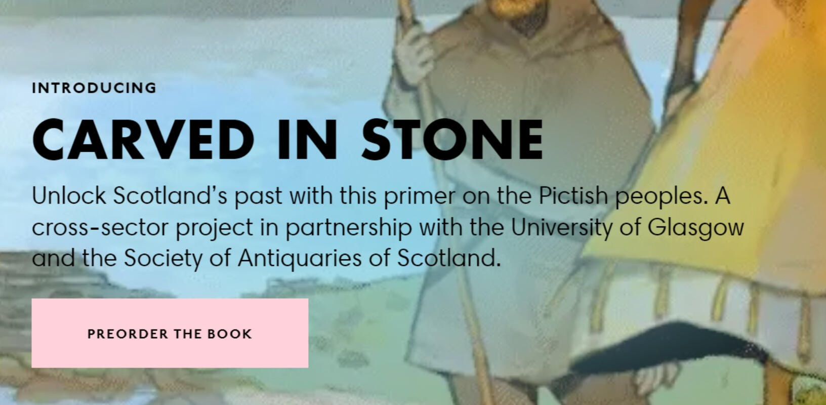 Cropped screenshot of a project banner for Carved in Stone, with differently sized titles, body text, and a pre-order button.