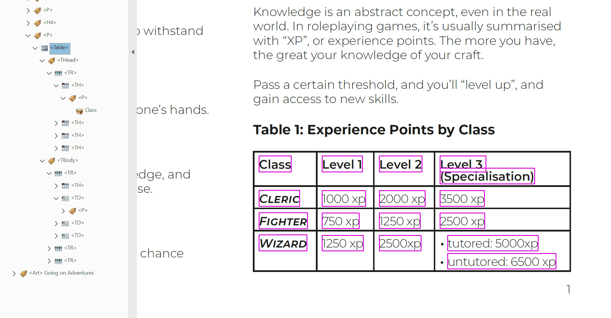 Animated GIF of a an example table open in a PDF. It's tags are being examined, and each frame shows a different tag being highlighted, and the content in the table it corresponds to.