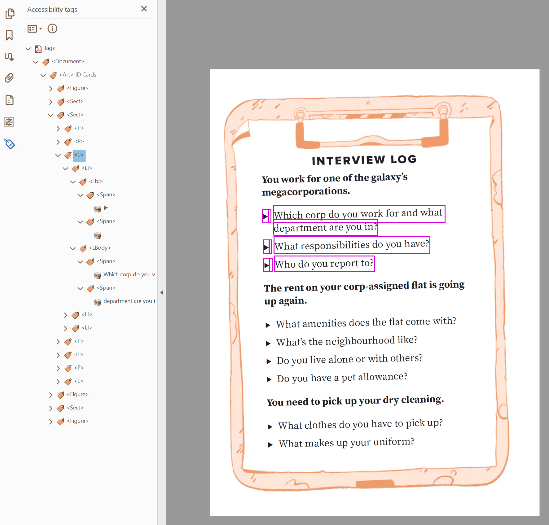 GIF, showing highlighted examples of List, List Item, Label, and List Body tags in a PDF.