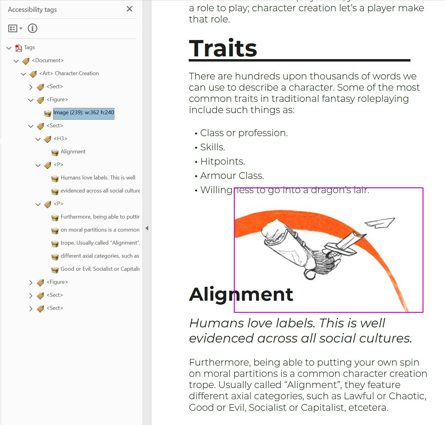 The same PDF from the previous graphics, with a single figure tag open and its content selected; the corresponding graphic is highlighted in the visual display.