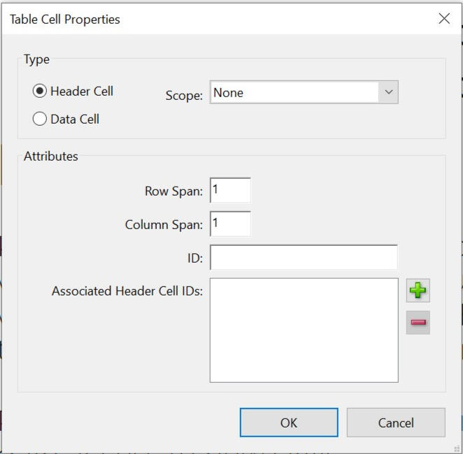 Screenshot of a the Table Cell Properties window from Adobe Acrobat DC. Inside of the Type group are radio buttons for Header or Data cells, and a field titled Scope. Inside of the Attributes group are 4 fields: Row Span, Column Span, ID and Associated Hea