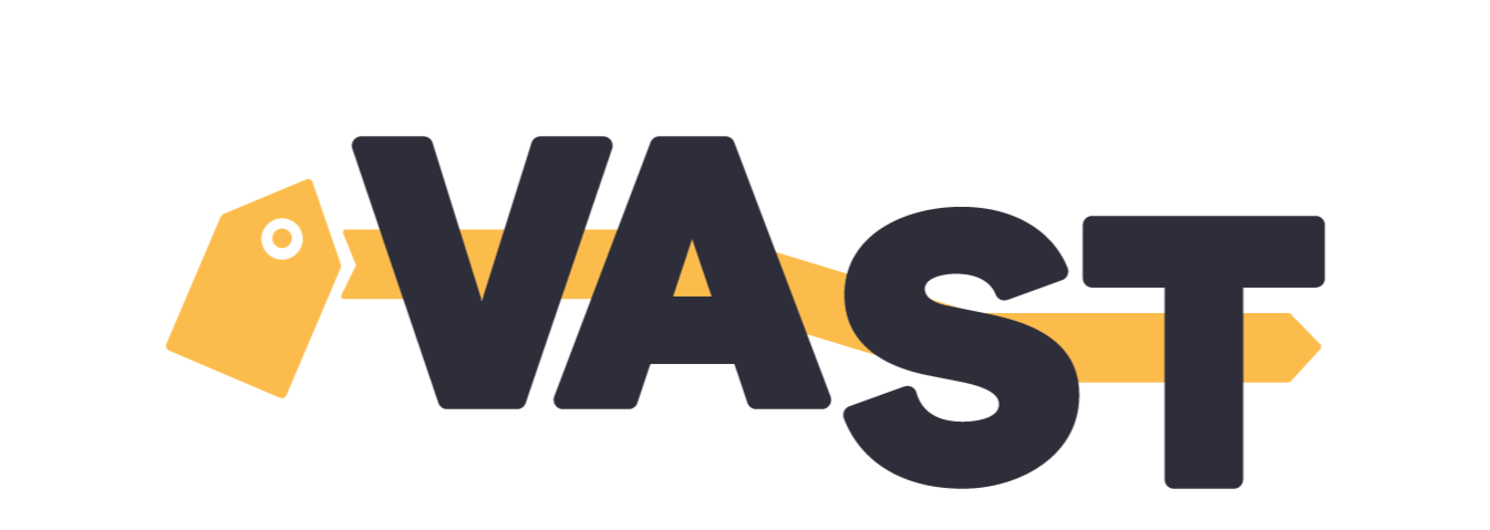 Logo for VAST Guides. A stroke of colour springs forth from a tag, connecting four capital letters V, A, S and T, before ending in an arrow pointing forwards. Clickable link leads to home page.