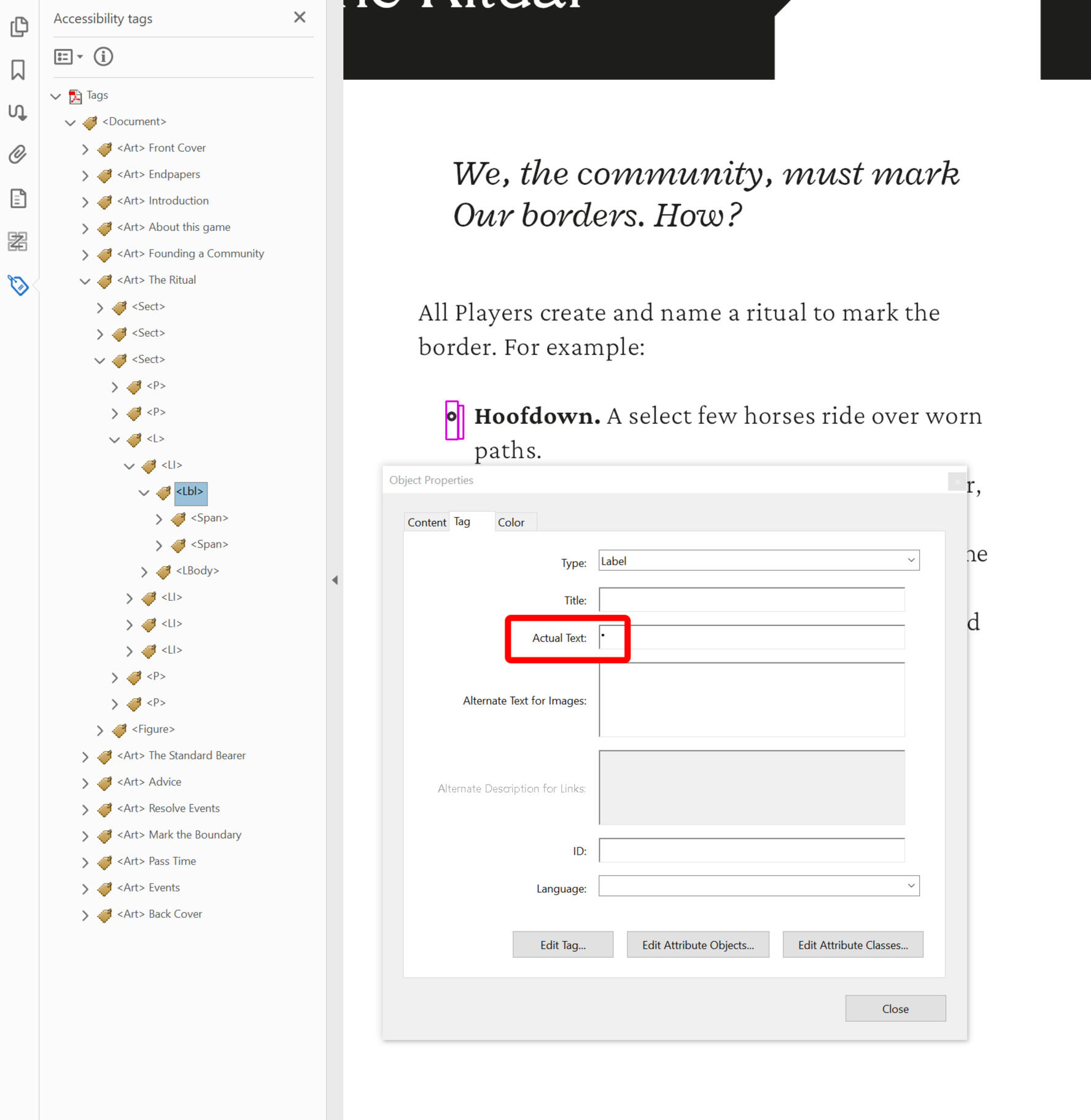 A different PDF, with a list on display. The list has a hollowed out circle as its bullet point. The list's Label tags is being inspected, with its Actual Text field circled; inside is a standard unicode bullet point character.